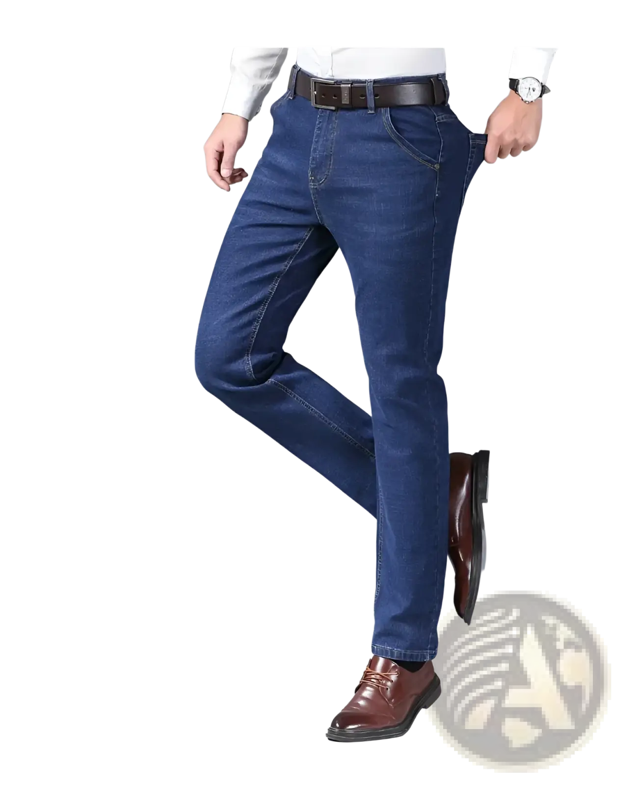 Men’s slim fit stretch denim jeans in dark blue with a straight-leg cut and classic five-pocket design