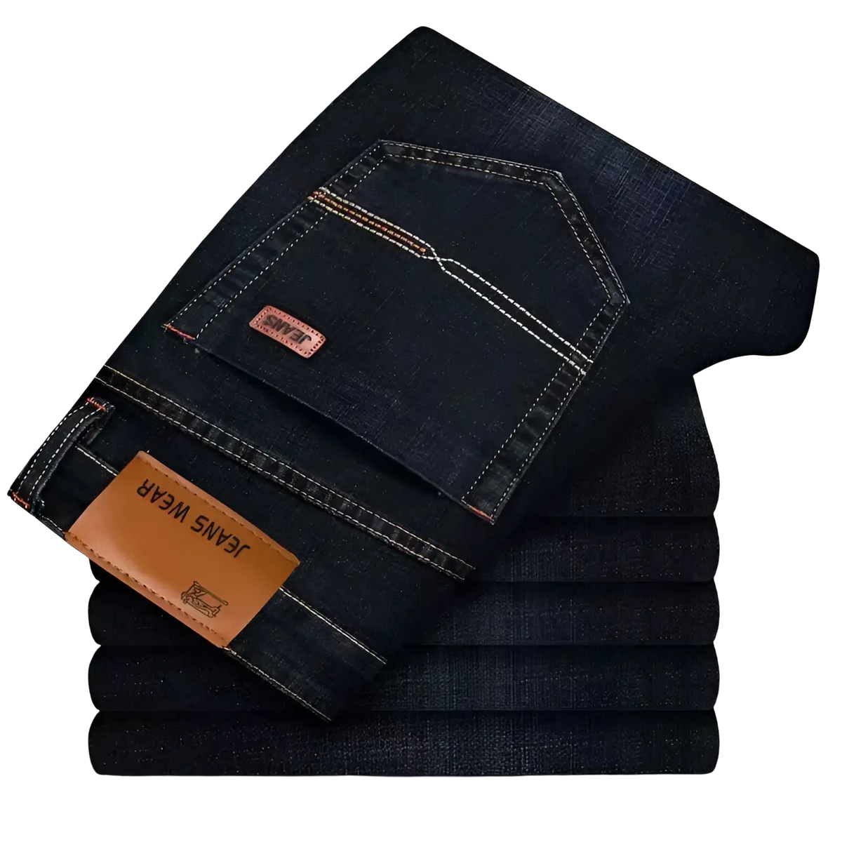 Men’s slim fit stretch denim jeans in dark indigo with white stitching and brown leather brand patches on the back side