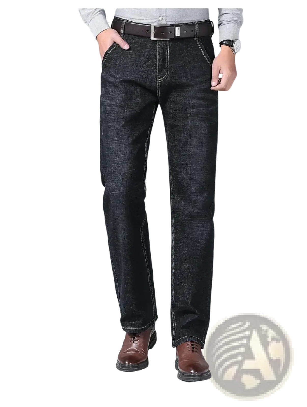 Men’s slim fit stretch denim jeans in dark indigo with straight-leg cut and classic stitching detail