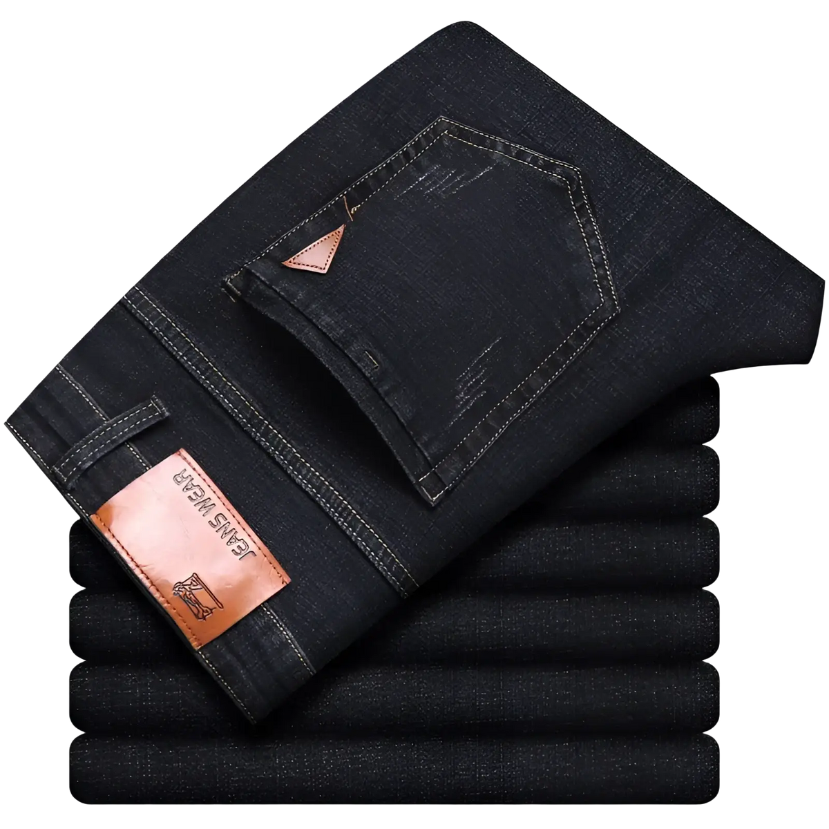 Men’s slim fit stretch denim jeans dark wash with brown leather brand patch on waistband back side view
