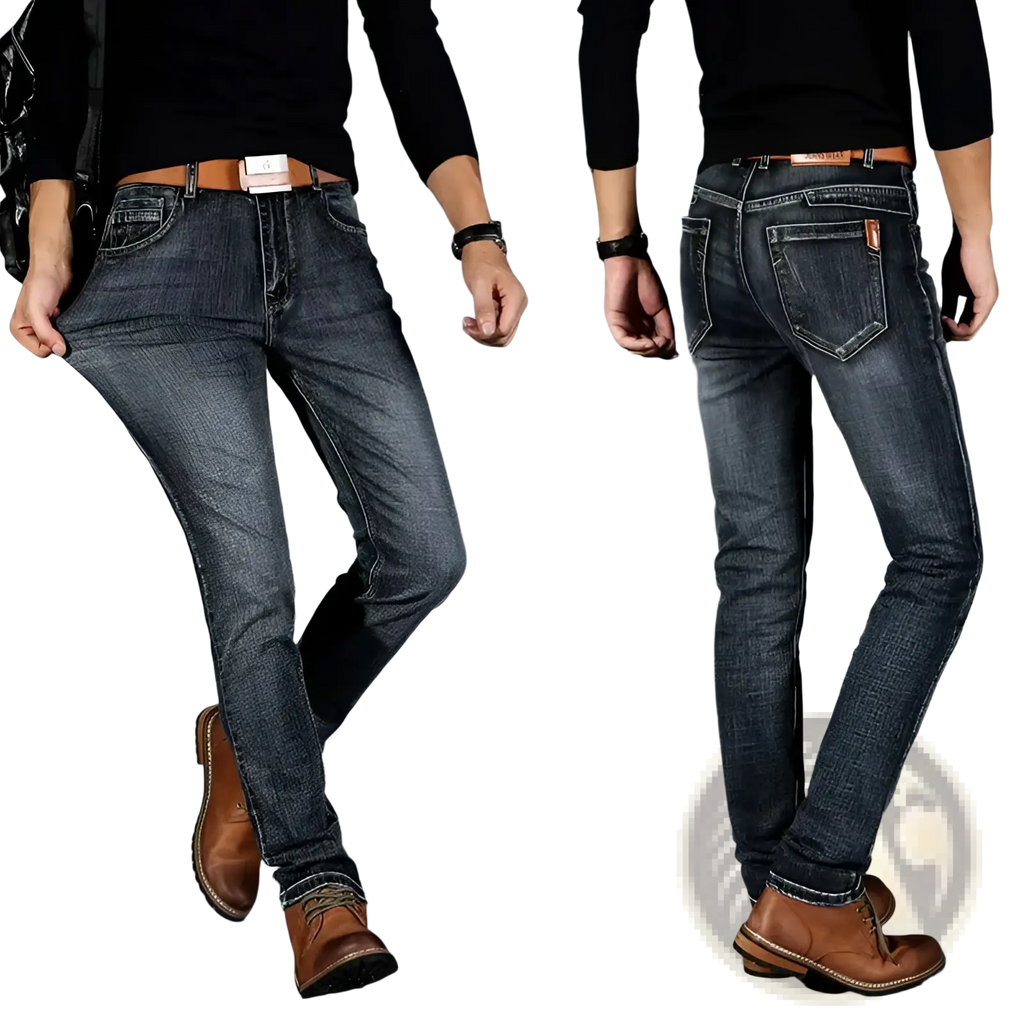 Men’s slim fit stretch denim jeans in dark wash with classic stitching and belt loops visible from the front