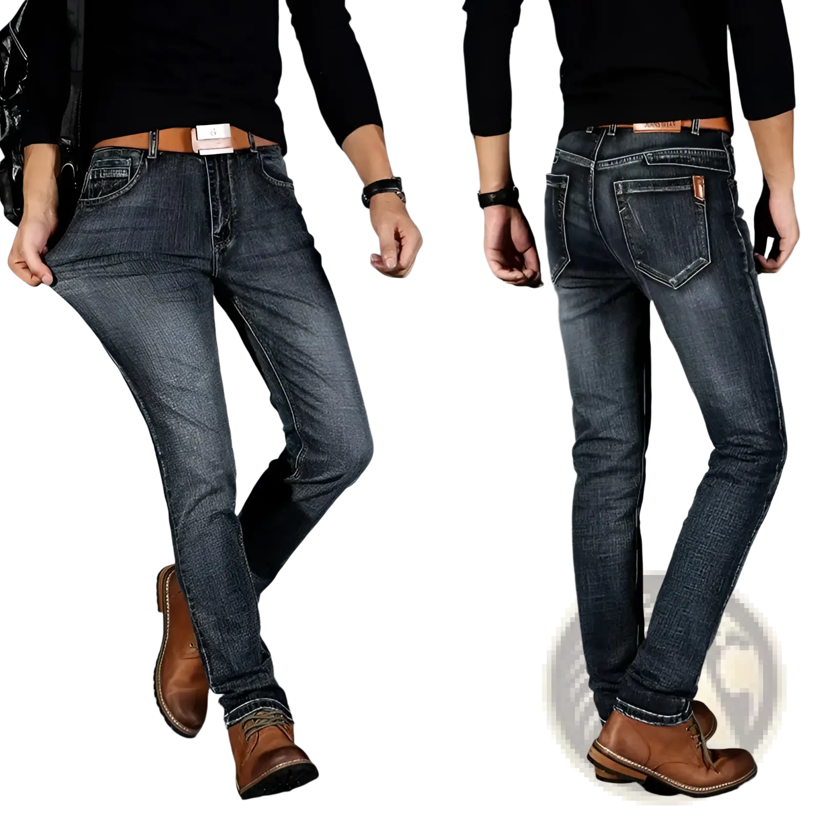 Men’s slim fit stretch denim jeans in dark wash with classic stitching and belt loops visible from the front