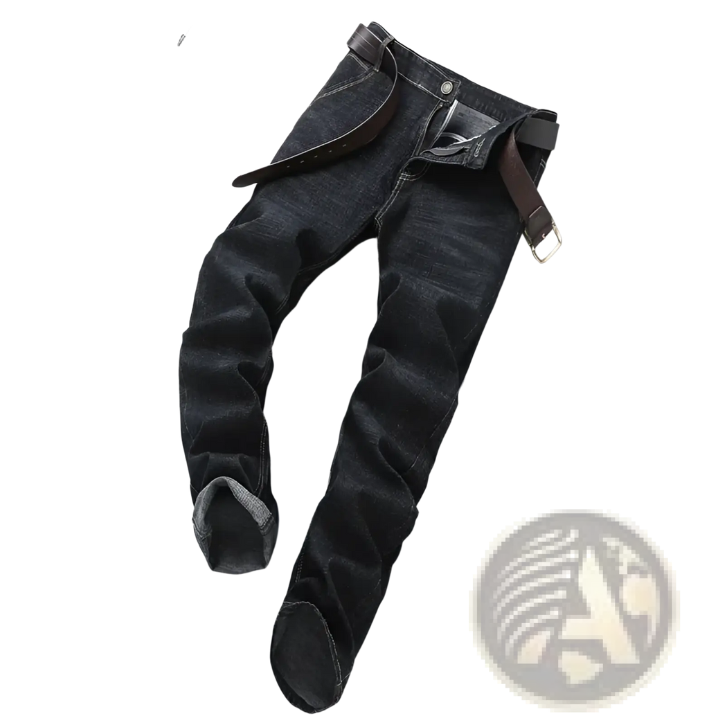 Men’s slim fit stretch dark-wash denim jeans with rolled cuffs and a brown leather belt threaded through loops