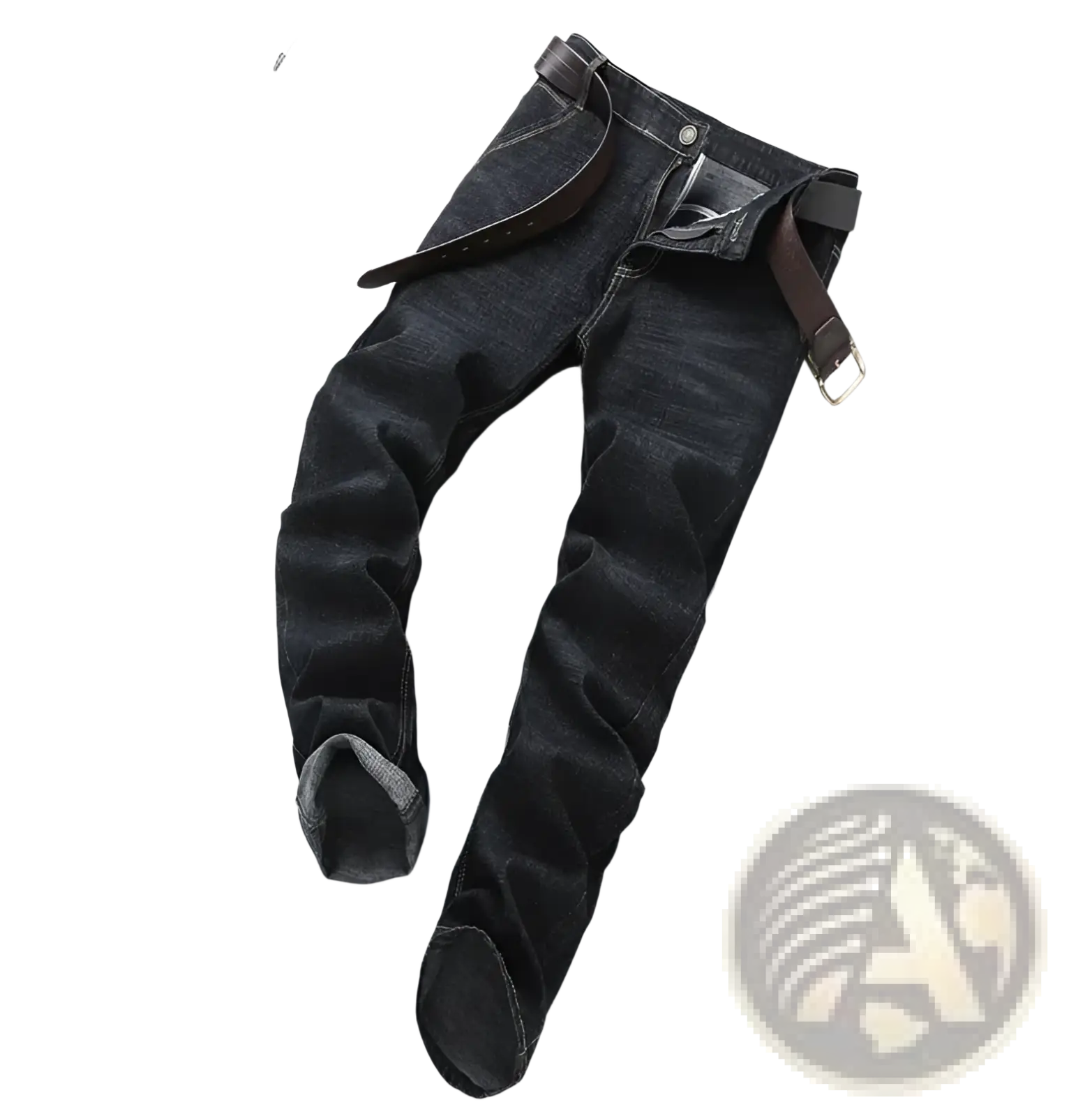 Men’s slim fit stretch dark-wash denim jeans with rolled cuffs and a brown leather belt threaded through loops