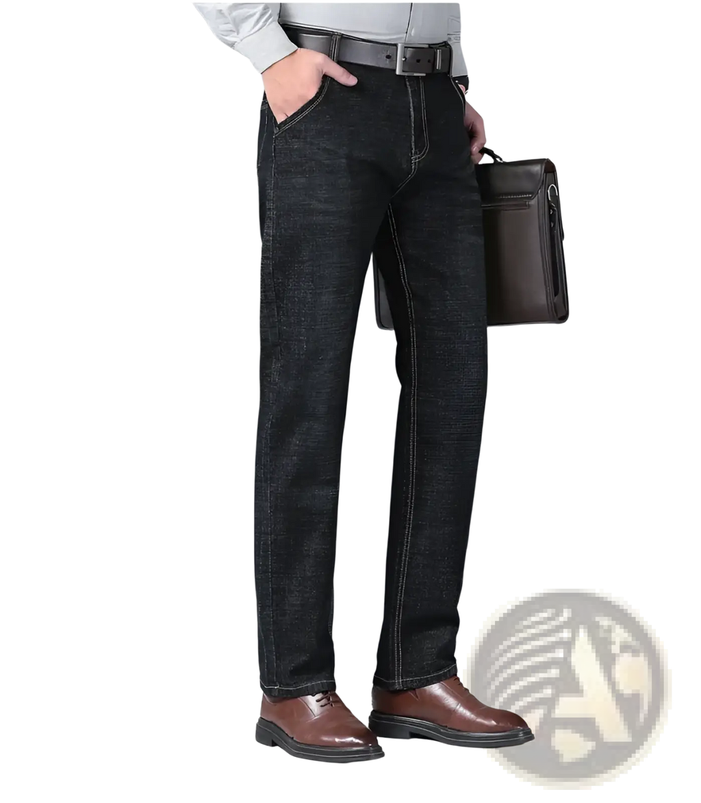 Men’s slim fit stretch denim jeans in dark wash with contrasting light stitching and classic straight-leg cut