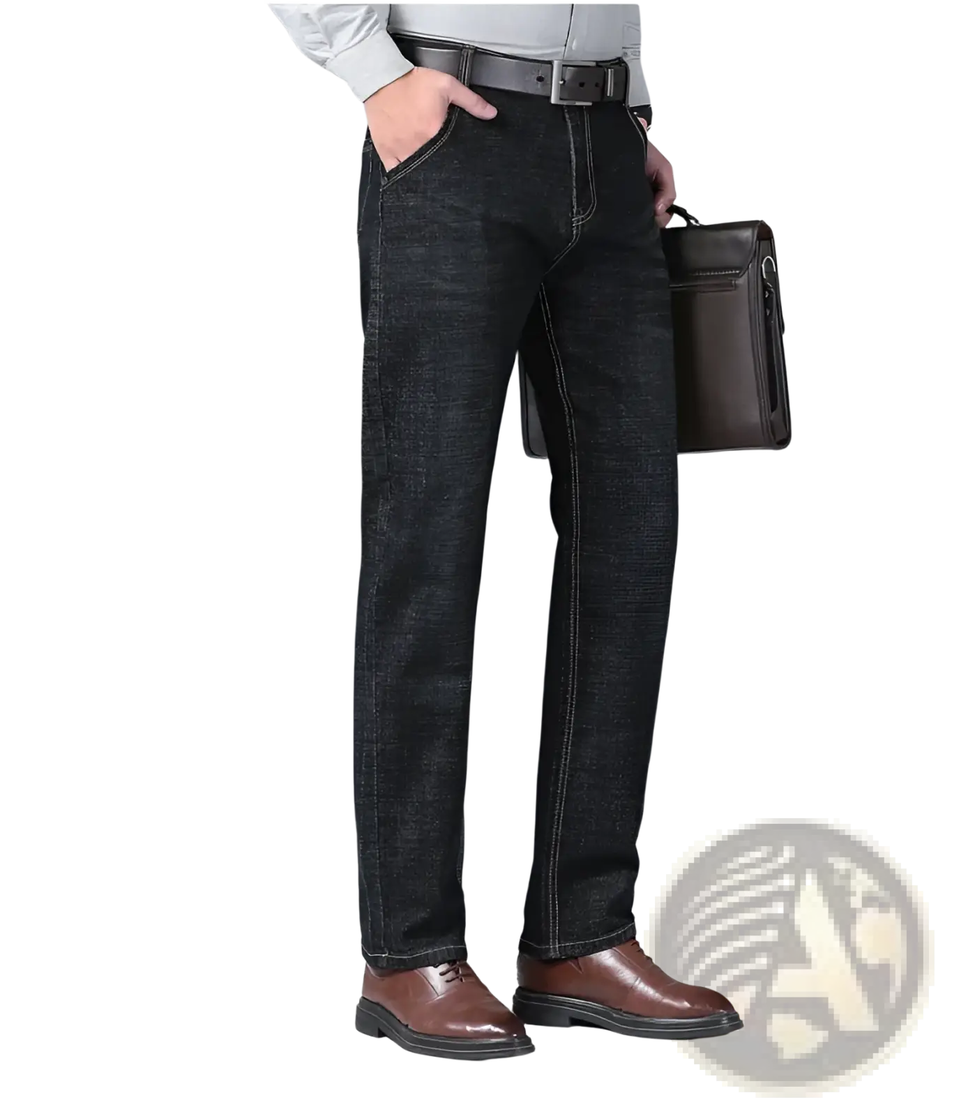 Men’s slim fit stretch denim jeans in dark wash with contrasting light stitching and classic straight-leg cut