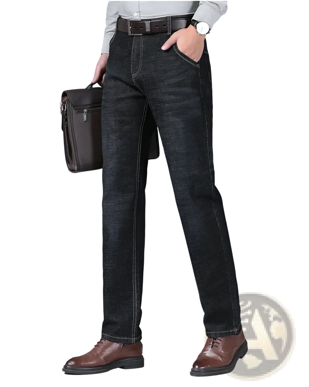 Men’s slim fit stretch denim jeans in dark wash with straight-leg cut and contrasting light stitching