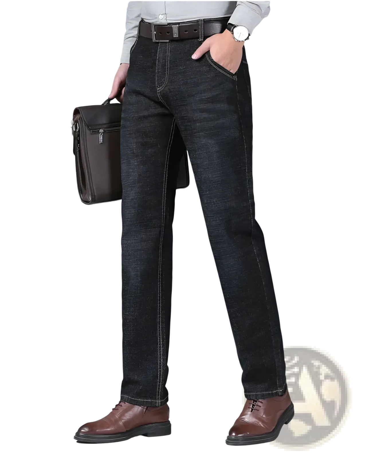 Men’s slim fit stretch denim jeans in dark wash with straight-leg cut and contrasting light stitching