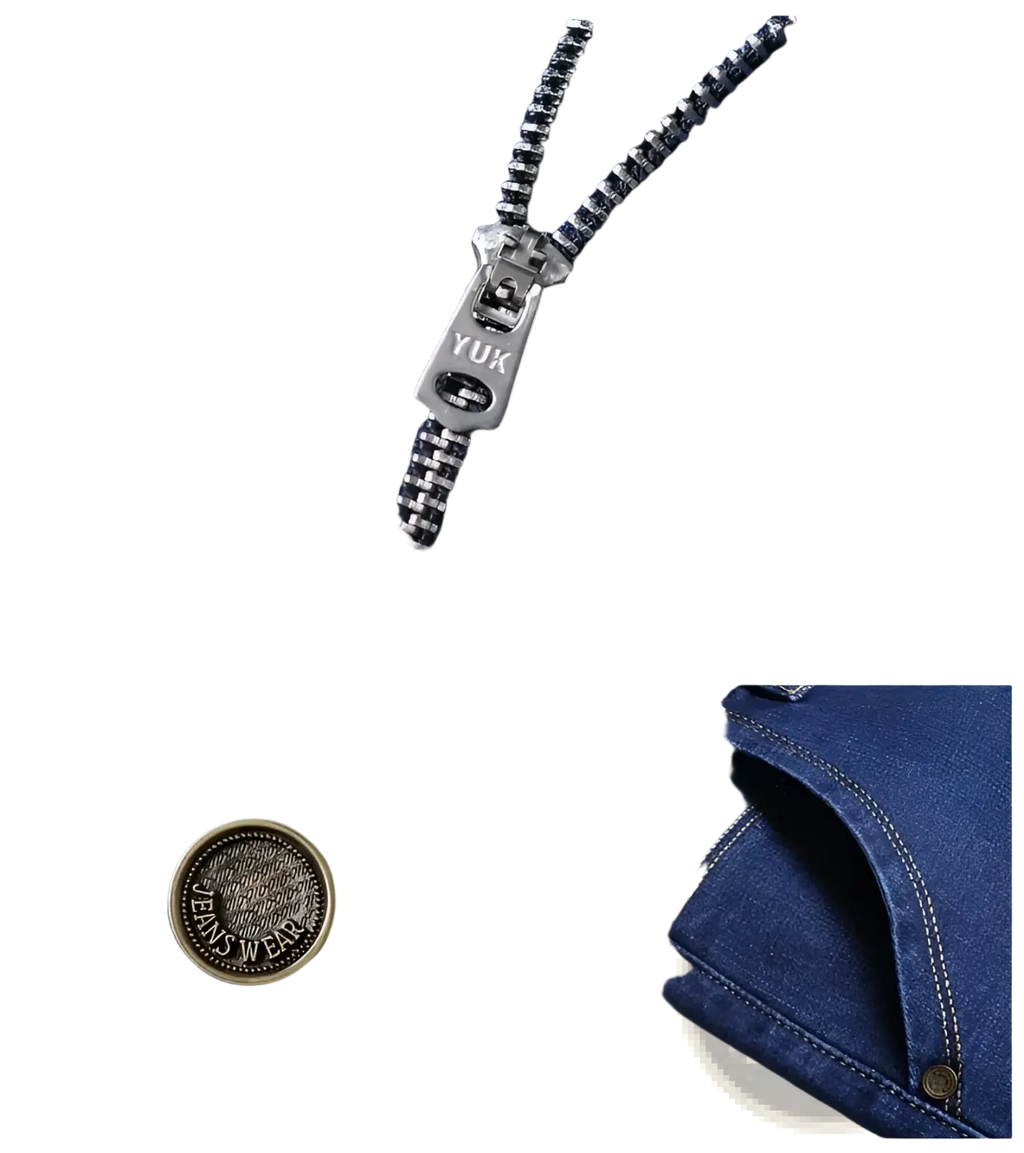 Men’s slim fit stretch denim jeans in deep blue featuring a silver yuk zipper pull and vintage brass button detailing