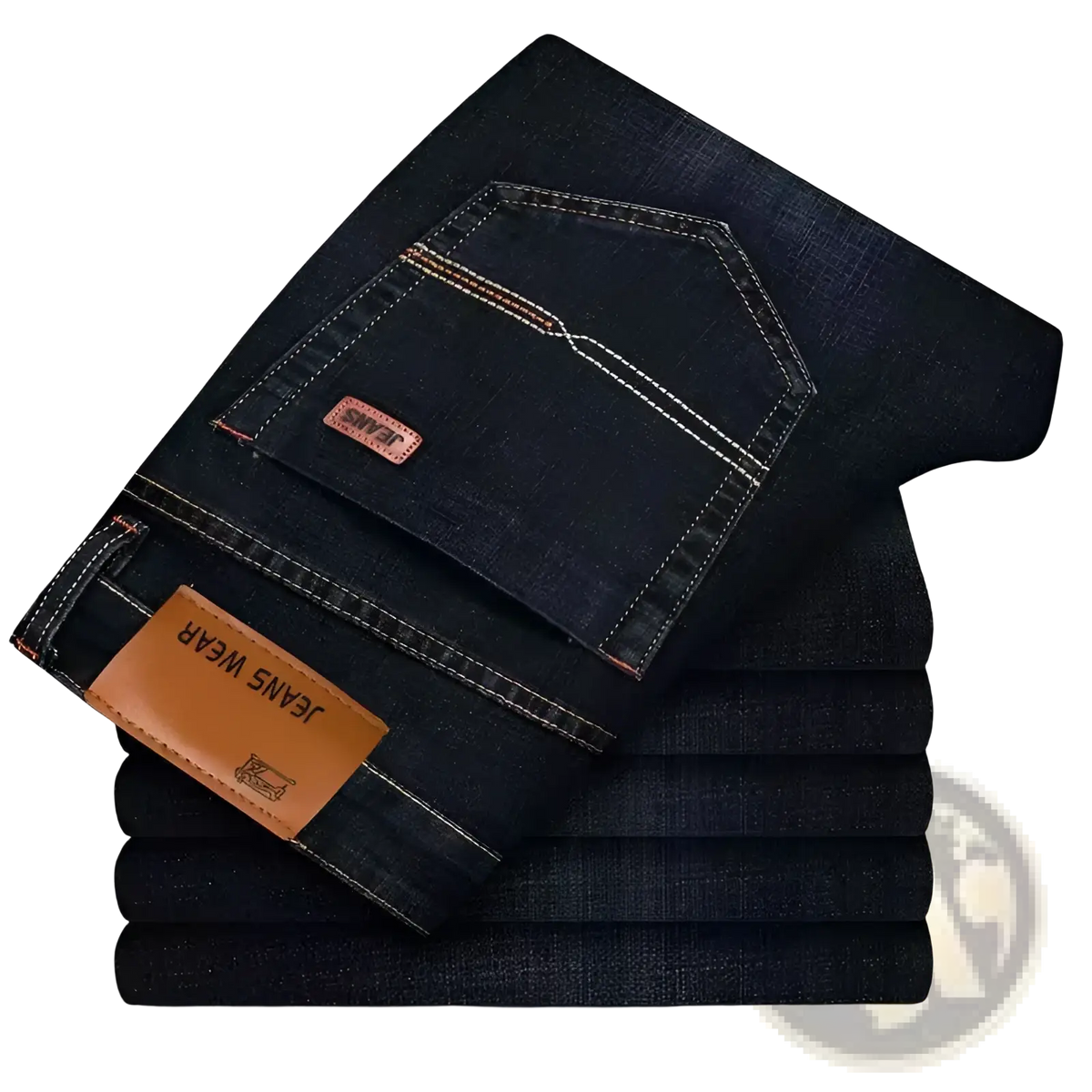 Men’s slim fit stretch denim jeans in dark indigo with white stitching and brown leather brand patches shown from the back