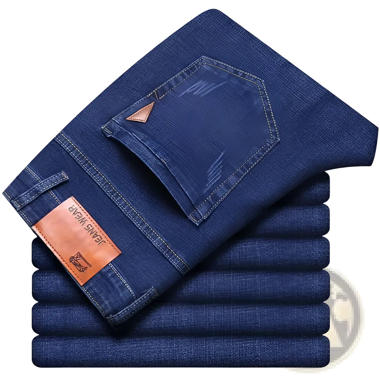 Men’s slim fit stretch dark blue denim jeans with brown leather brand tag and visible stitching details on the back