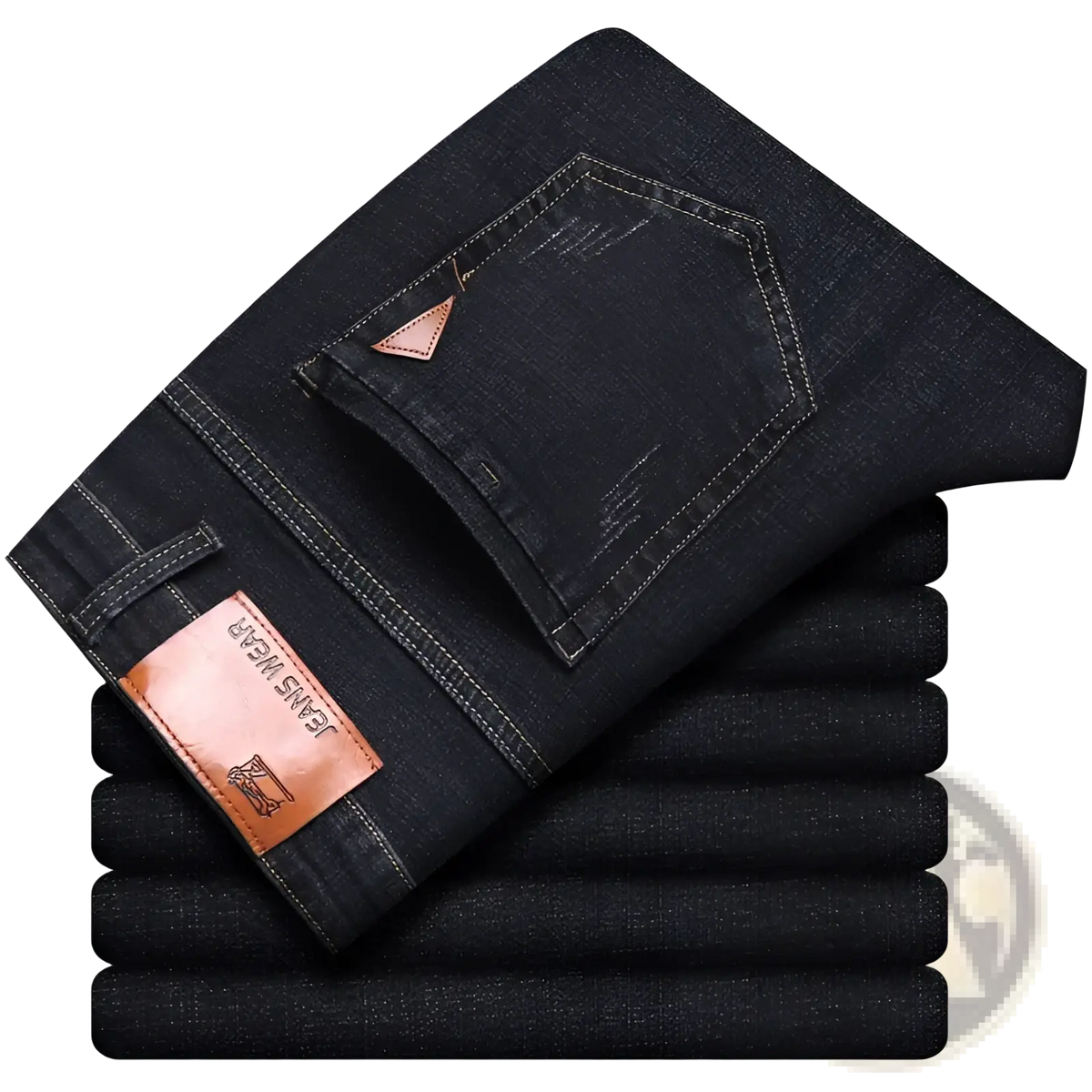 Men’s slim fit stretch denim jeans dark wash with brown leather brand patch on waistband back side view