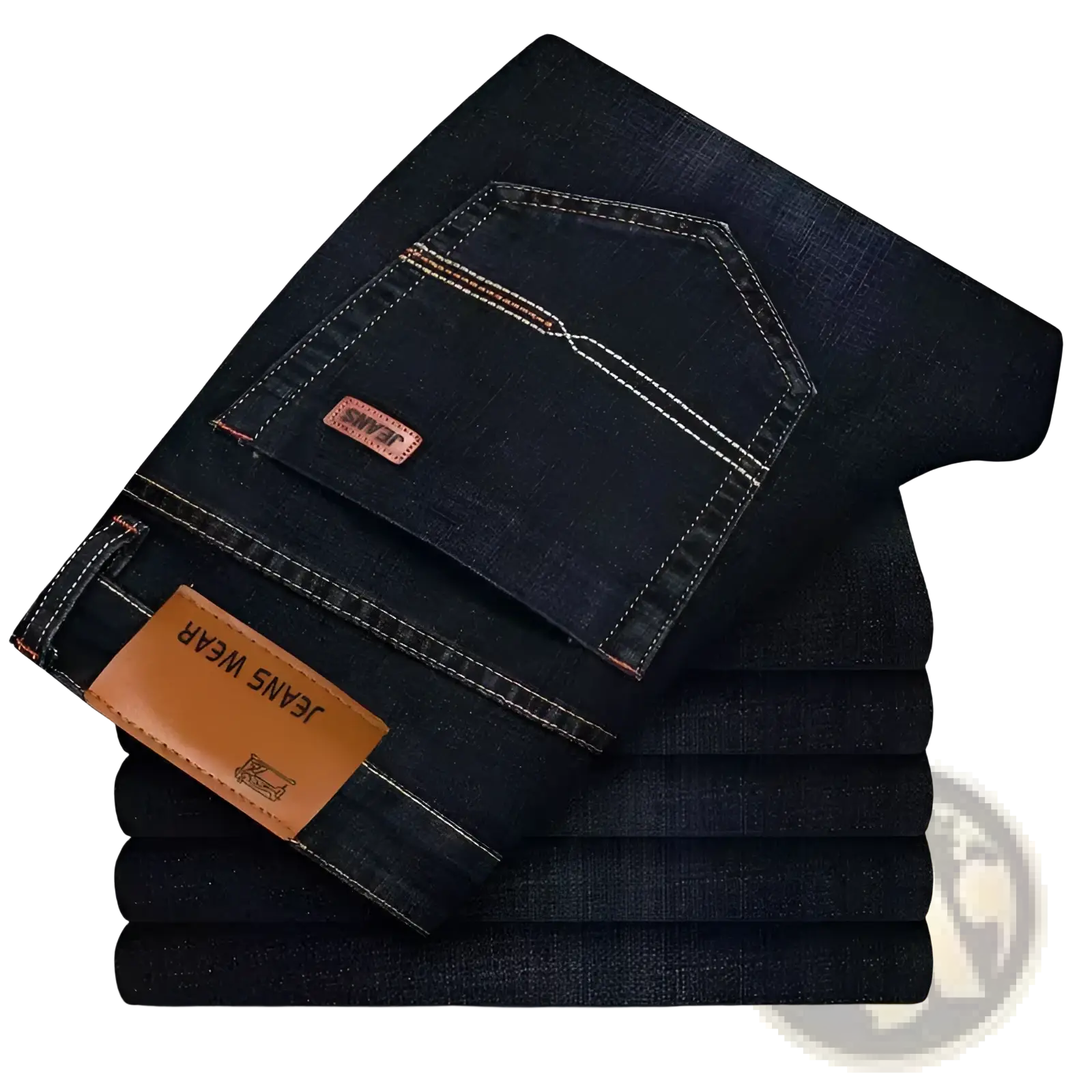 Men’s slim fit stretch denim jeans in dark indigo with white stitching and brown leather brand patches on the back side