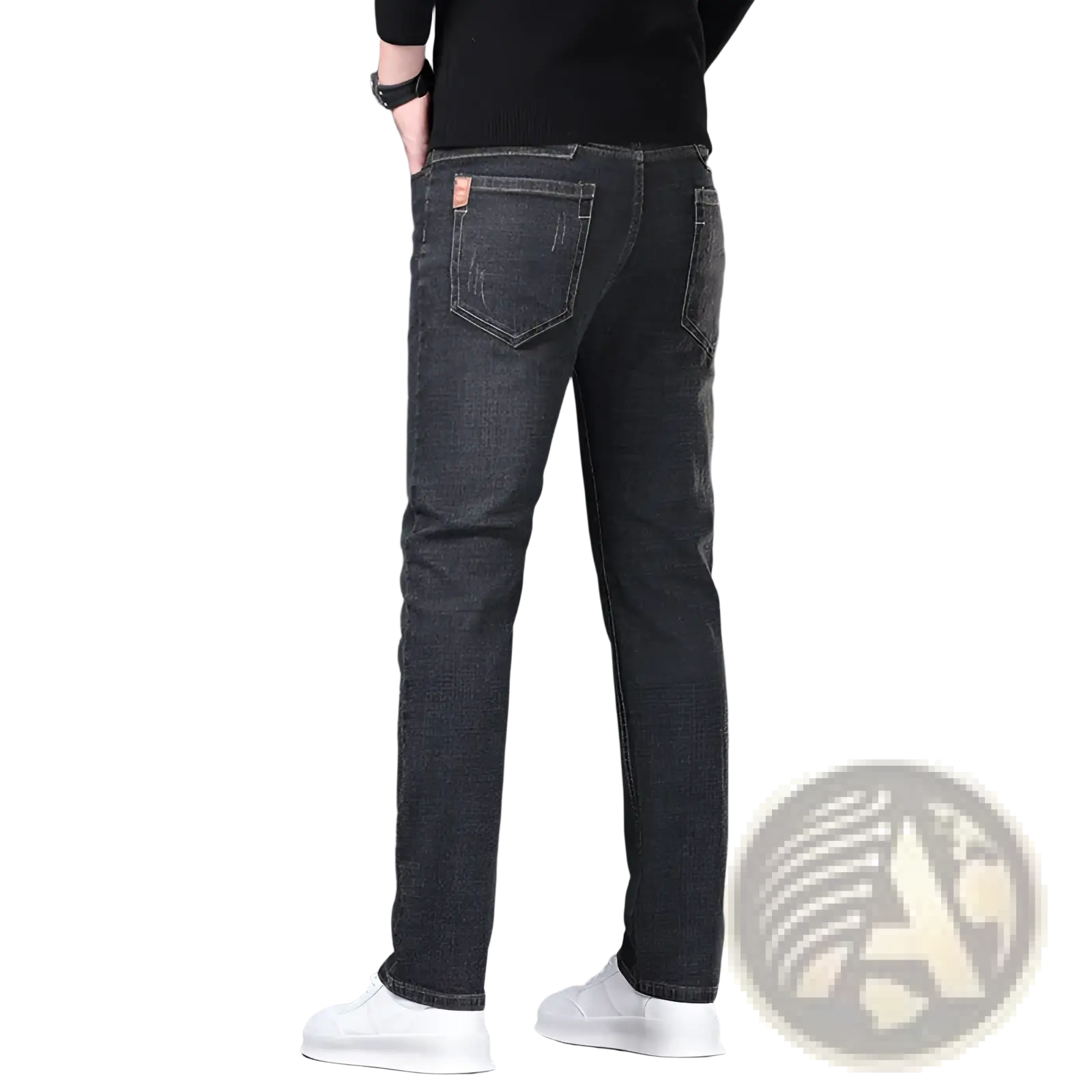 Men’s slim fit stretch denim jeans in dark gray with subtle fading and a small brown leather patch on the back pocket rear view