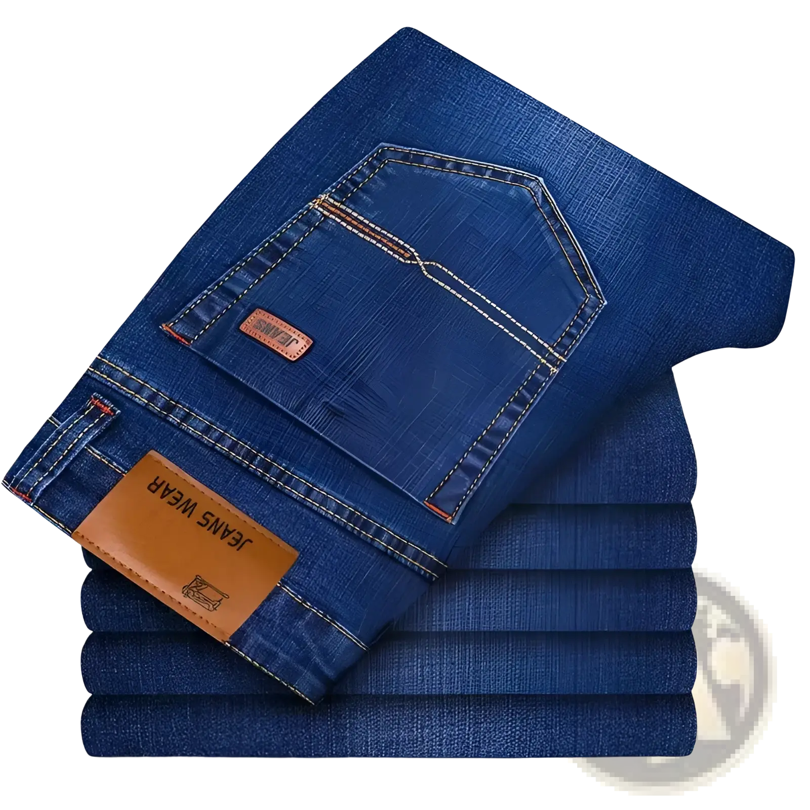 A stack of men’s slim fit stretch denim jeans in dark blue with brown leather brand tags and contrasting stitching