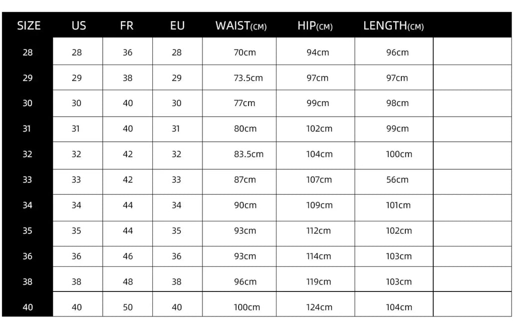 Size chart table for men’s slim fit stretch denim jeans showing us fr eu sizes with waist hip and length in centimeters