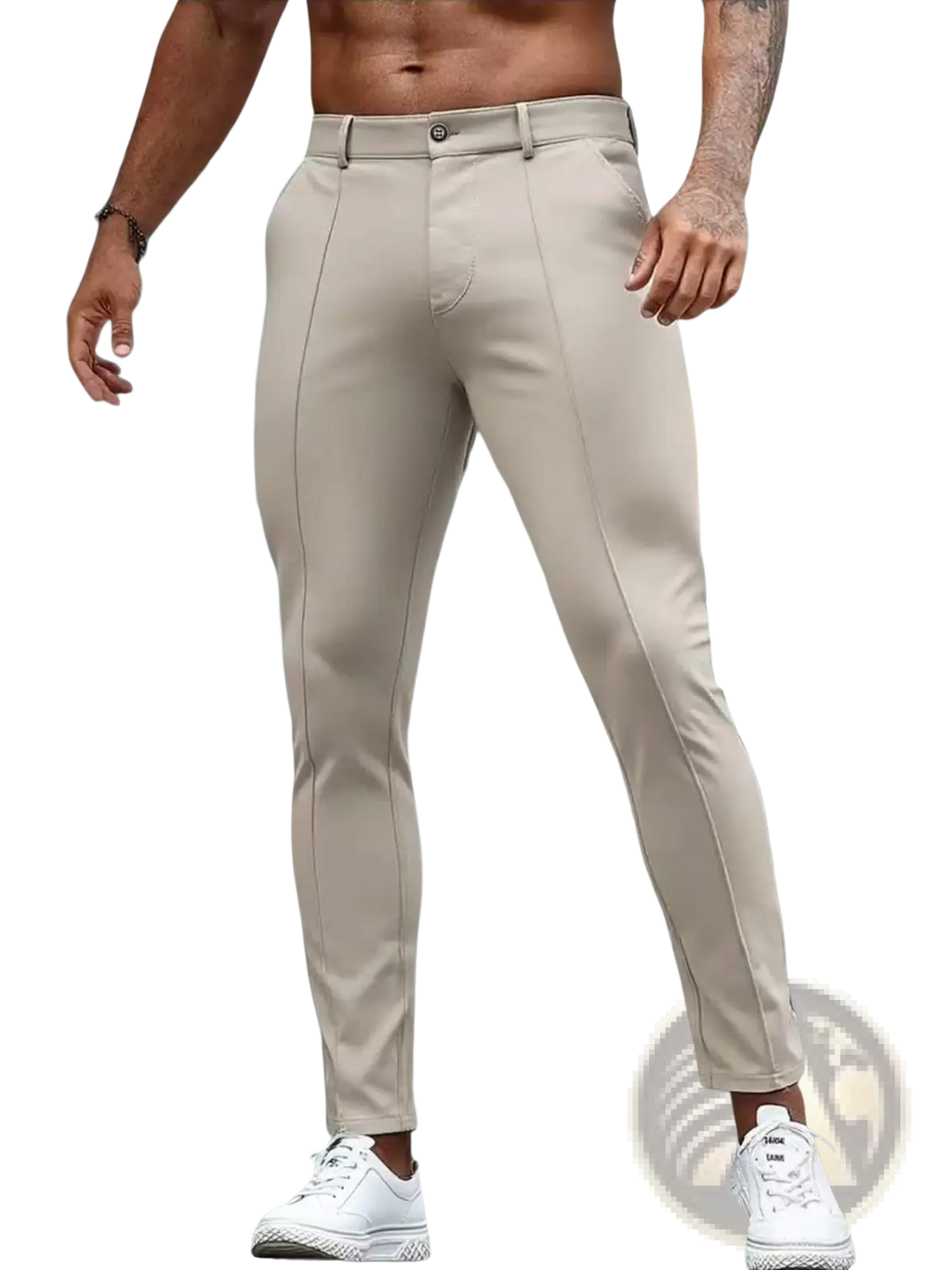 Beige slim fit stretch dress trousers with modern design and subtle vertical stitching along the legs