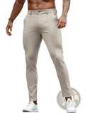 Beige slim fit stretch dress trousers with modern design and subtle vertical stitching along the legs
