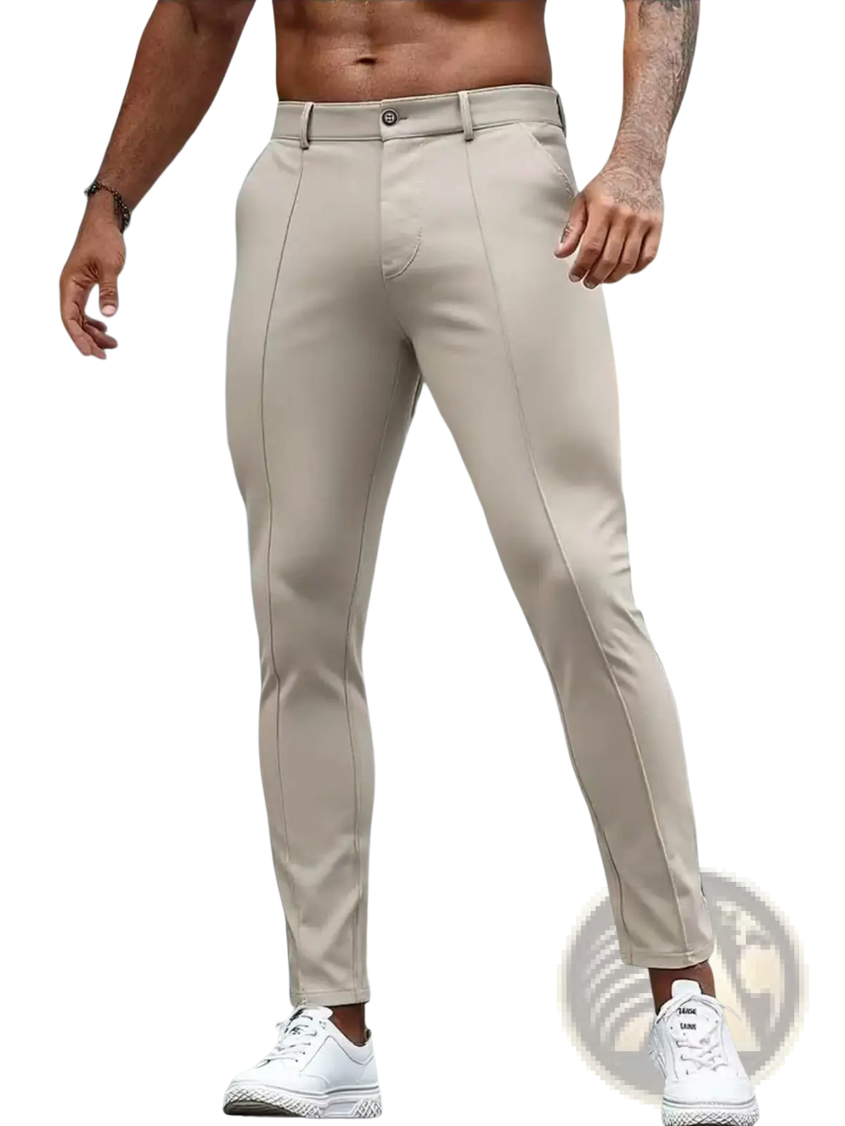 Beige slim fit stretch dress trousers with modern design and subtle vertical stitching along the legs