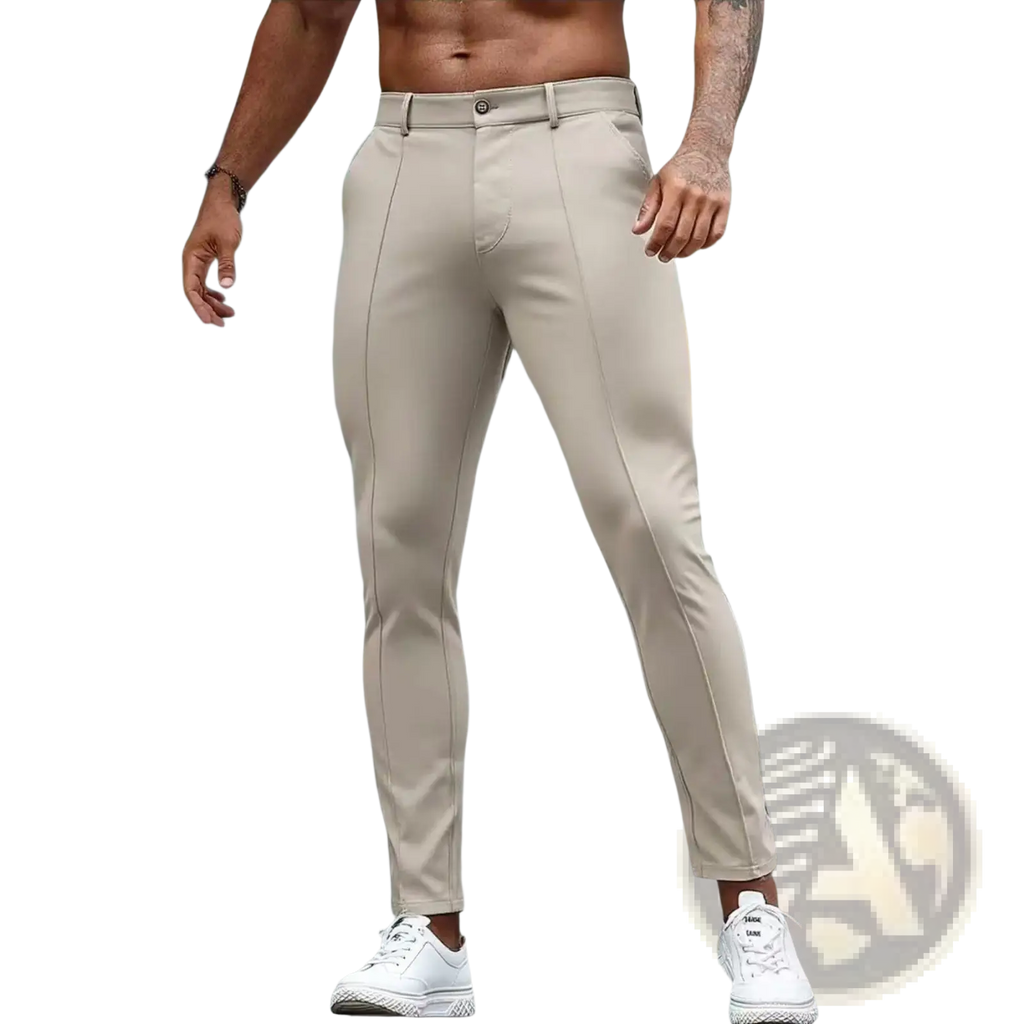 Beige mens slim fit stretch dress trousers with a sleek modern design and subtle side seam detailing