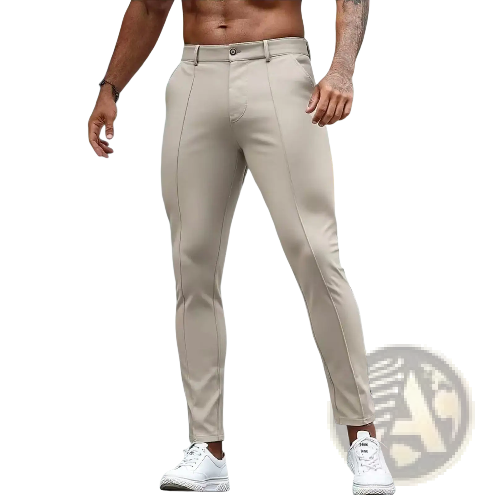 Beige mens slim fit stretch dress trousers with a sleek modern design and subtle side seam detailing
