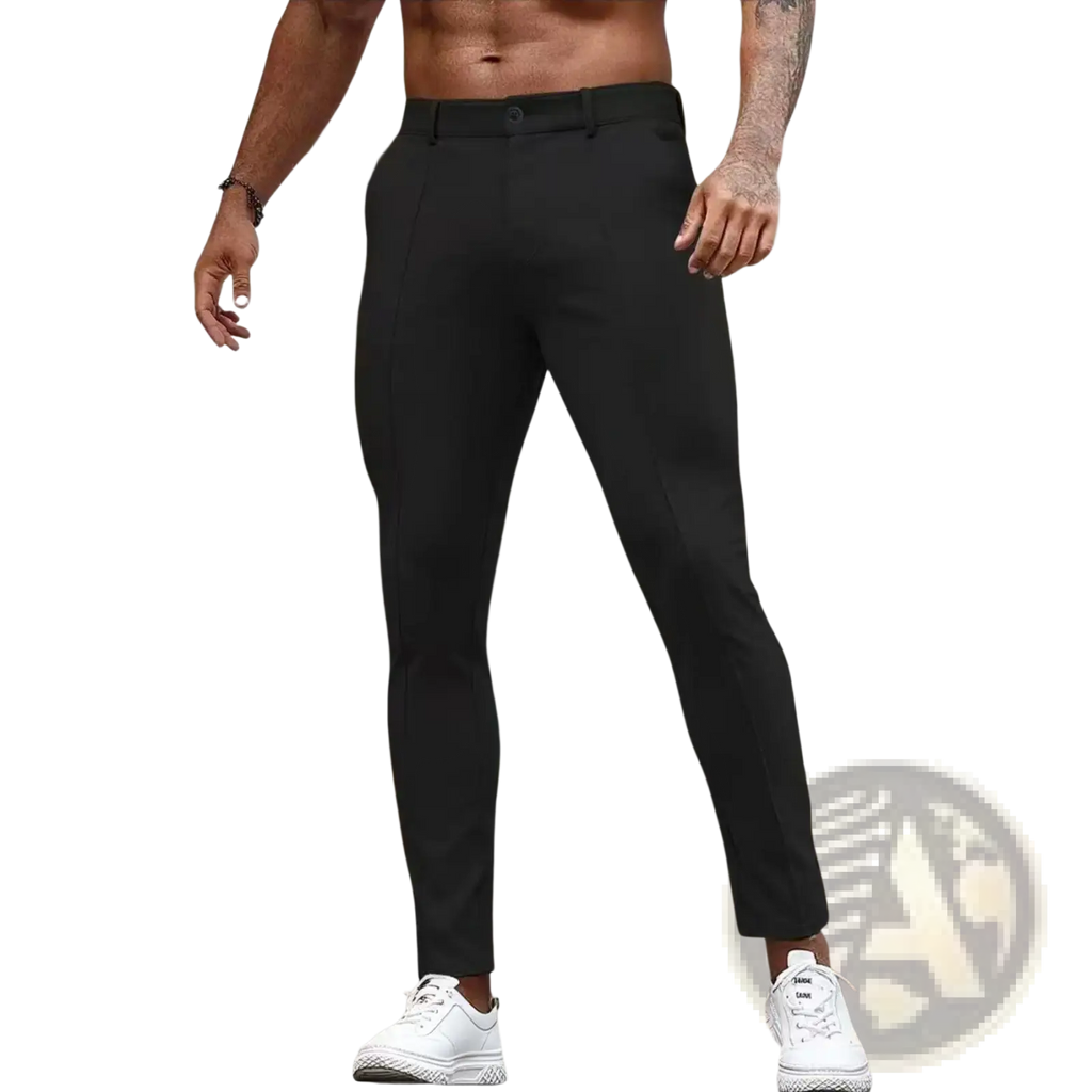 Black slim fit stretch dress trousers with sleek modern design ideal for formal and business occasions