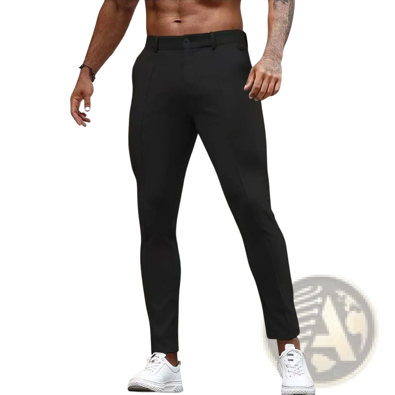 Black slim fit stretch dress trousers with sleek modern design ideal for formal and business occasions