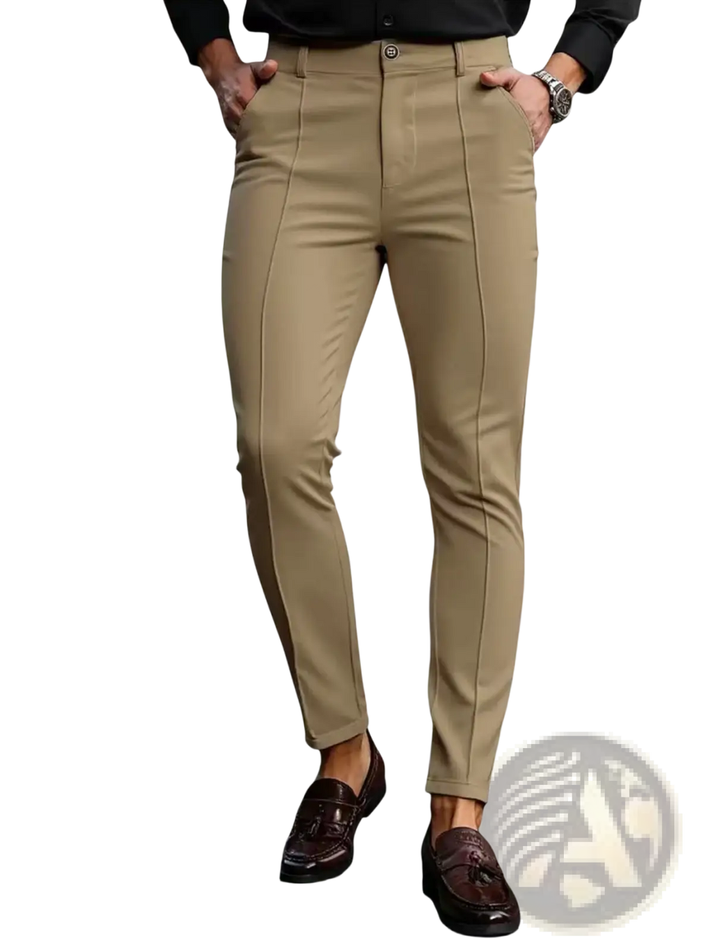 Mens khaki slim fit stretch dress trousers with sleek modern design and subtle vertical pleats on the front