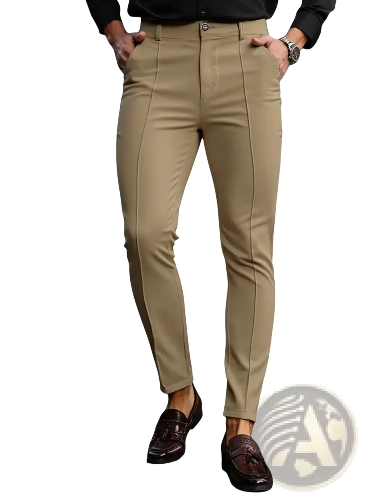 Mens khaki slim fit stretch dress trousers with sleek modern design and subtle vertical pleats on the front