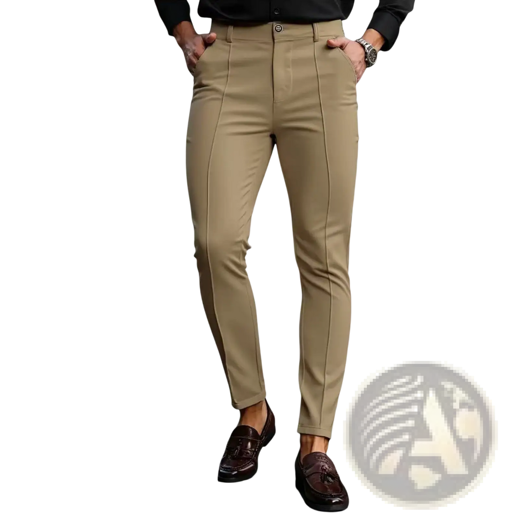 Mens slim fit stretch dress trousers in khaki with tailored design and subtle front pleats for a polished look