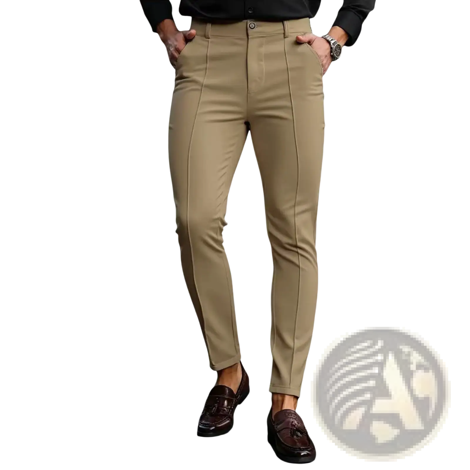Mens slim fit stretch dress trousers in khaki with tailored design and subtle front pleats for a polished look