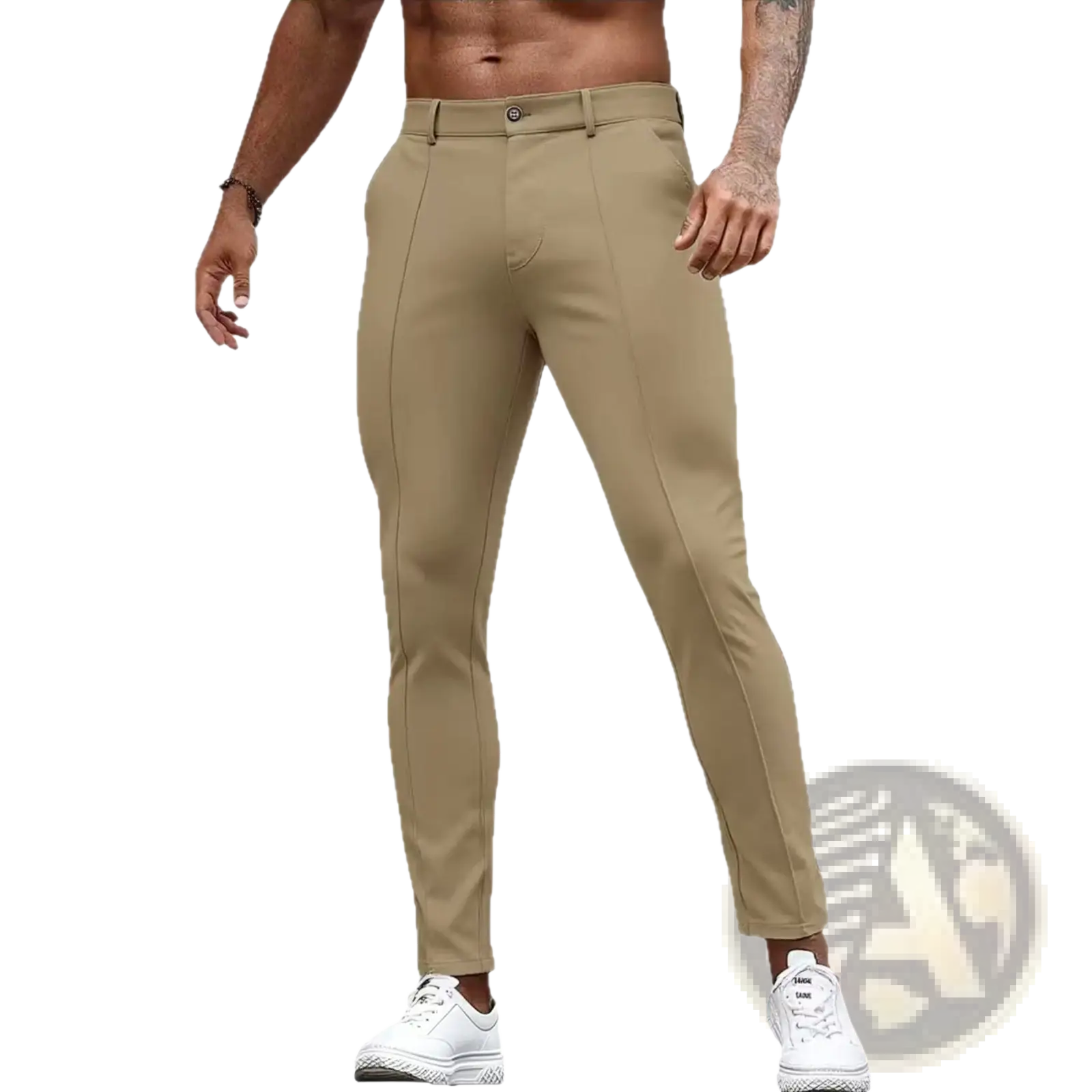 Mens slim fit stretch dress trousers in khaki with a sleek modern design and subtle stitching details