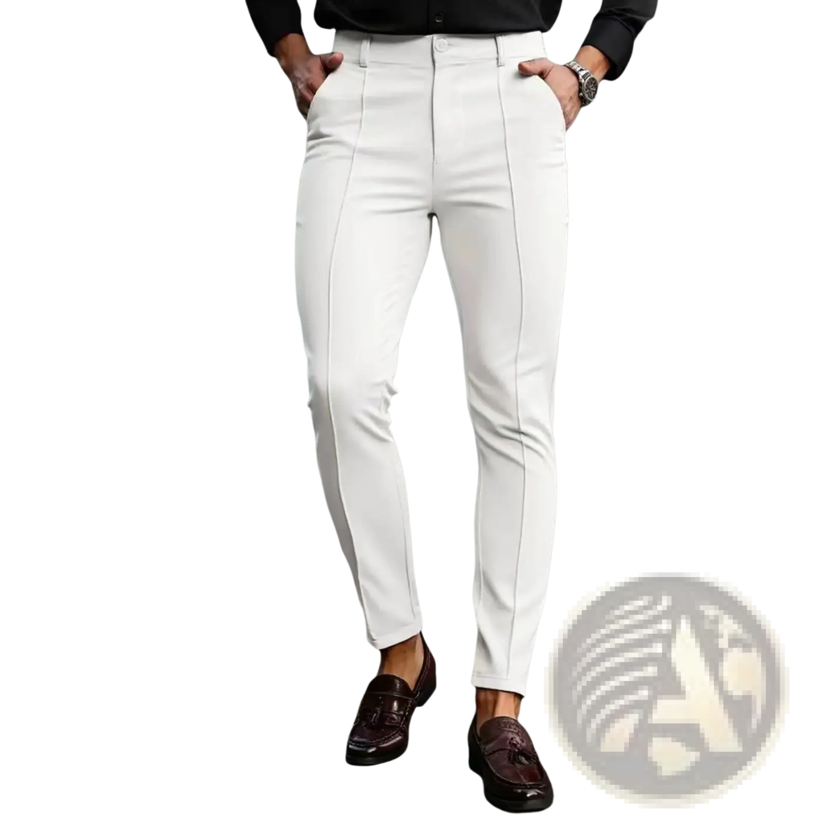 Mens slim fit stretch dress trousers in white featuring a sleek design with subtle vertical stitching along the legs