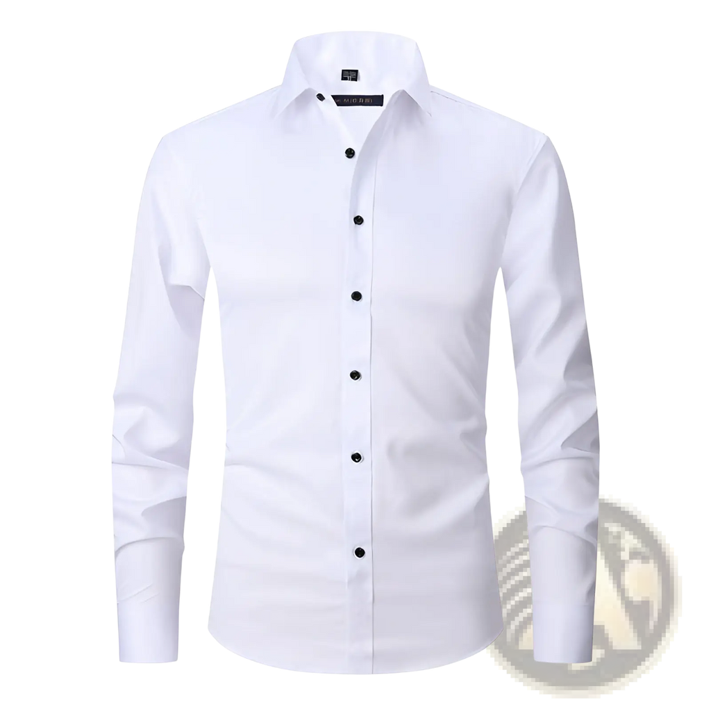 Men’s slim fit stretch satin long sleeve dress shirt in white with black buttons and a crisp tailored fit