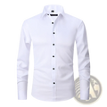 Men’s slim fit stretch satin long sleeve dress shirt in white with black buttons and a crisp tailored fit