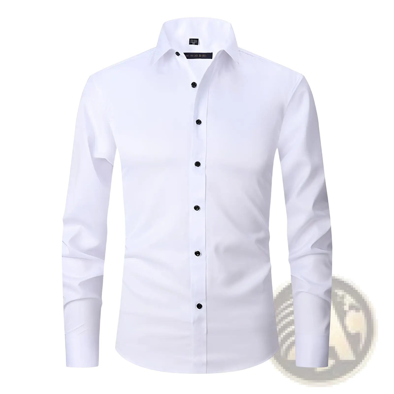 Men’s slim fit stretch satin long sleeve dress shirt in white with black buttons and a crisp tailored fit