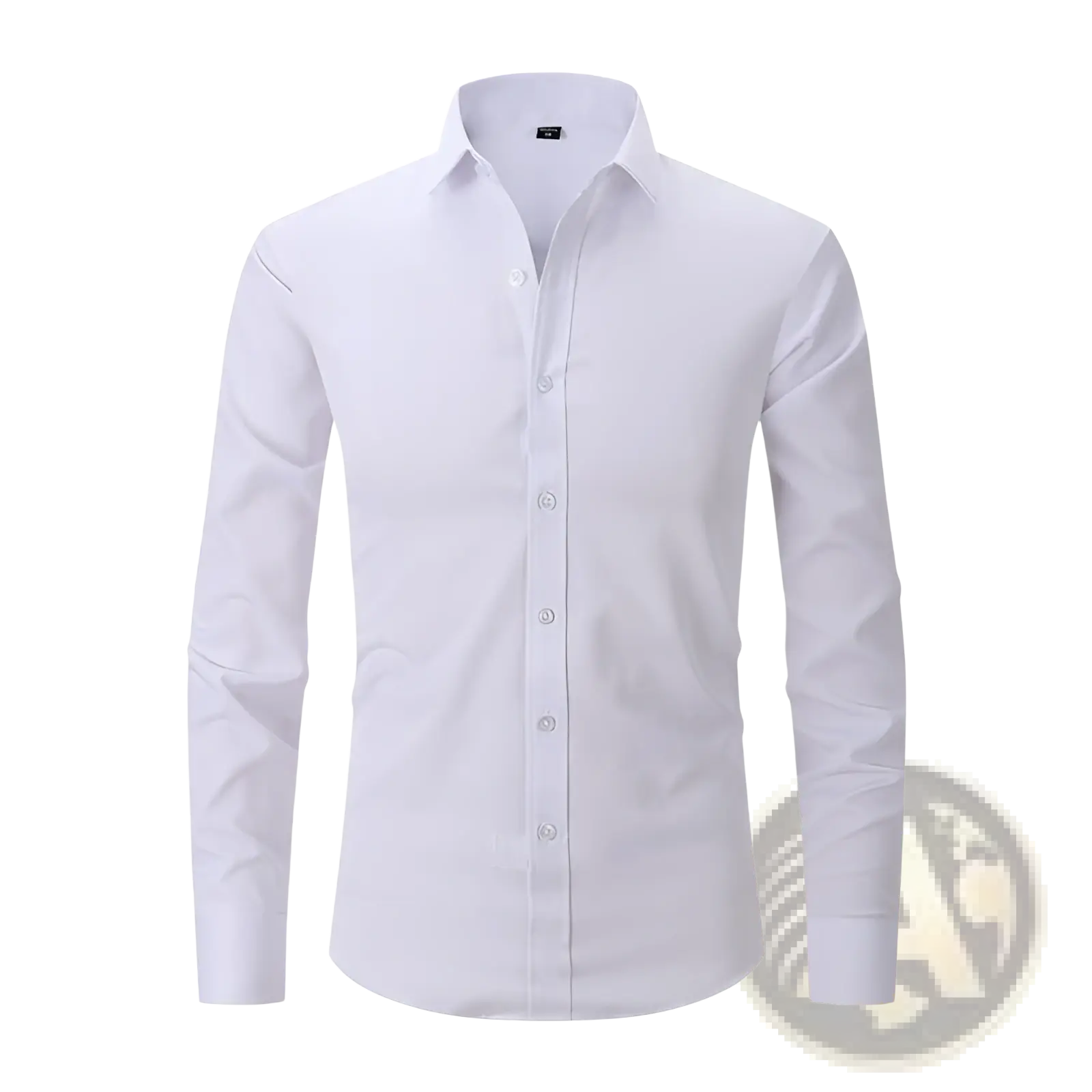 A crisp white men’s slim fit stretch satin long sleeve dress shirt with a classic collar and button-down front
