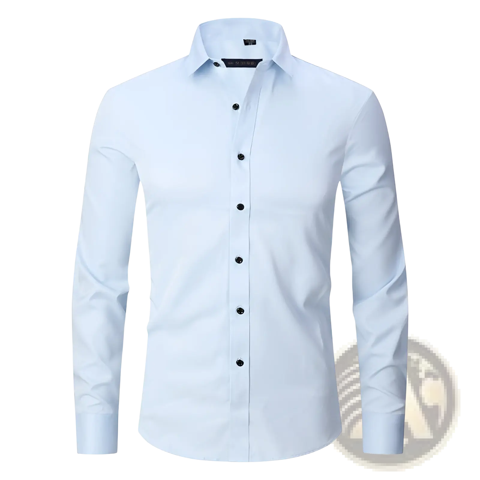 A crisp white men’s slim fit stretch satin long sleeve dress shirt with classic collar and black buttons