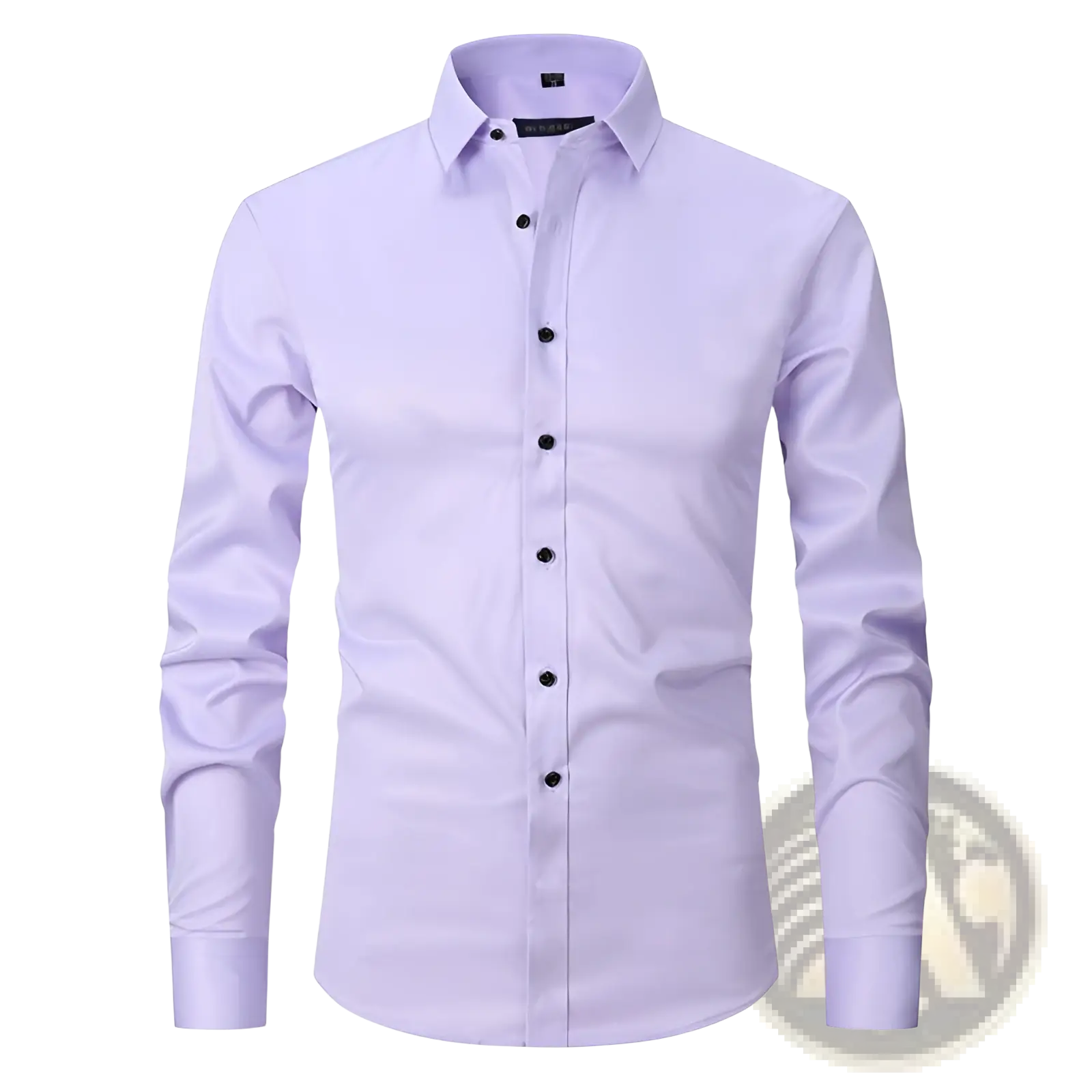 Men’s slim fit stretch satin long sleeve dress shirt in sleek lavender with crisp tailoring and black buttons