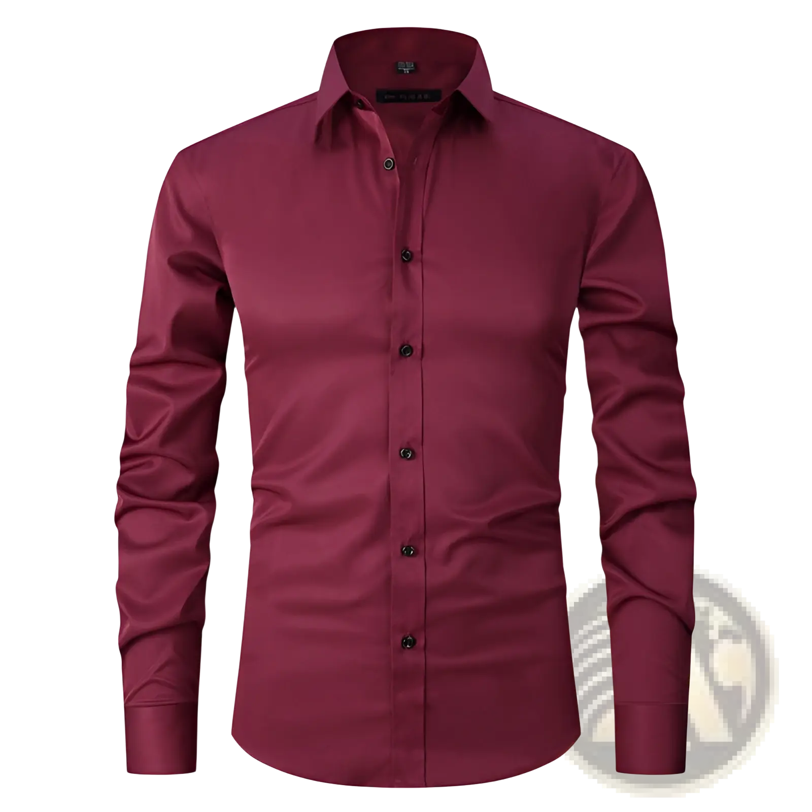 Men’s slim fit stretch satin long sleeve dress shirt in burgundy with black buttons and a classic collar
