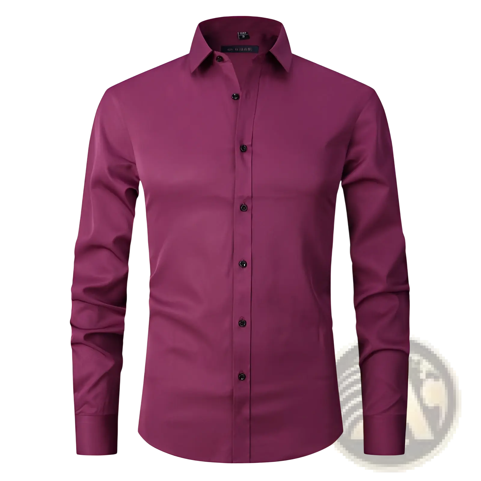 Men’s slim fit stretch satin long sleeve dress shirt in rich burgundy with black buttons and classic collar
