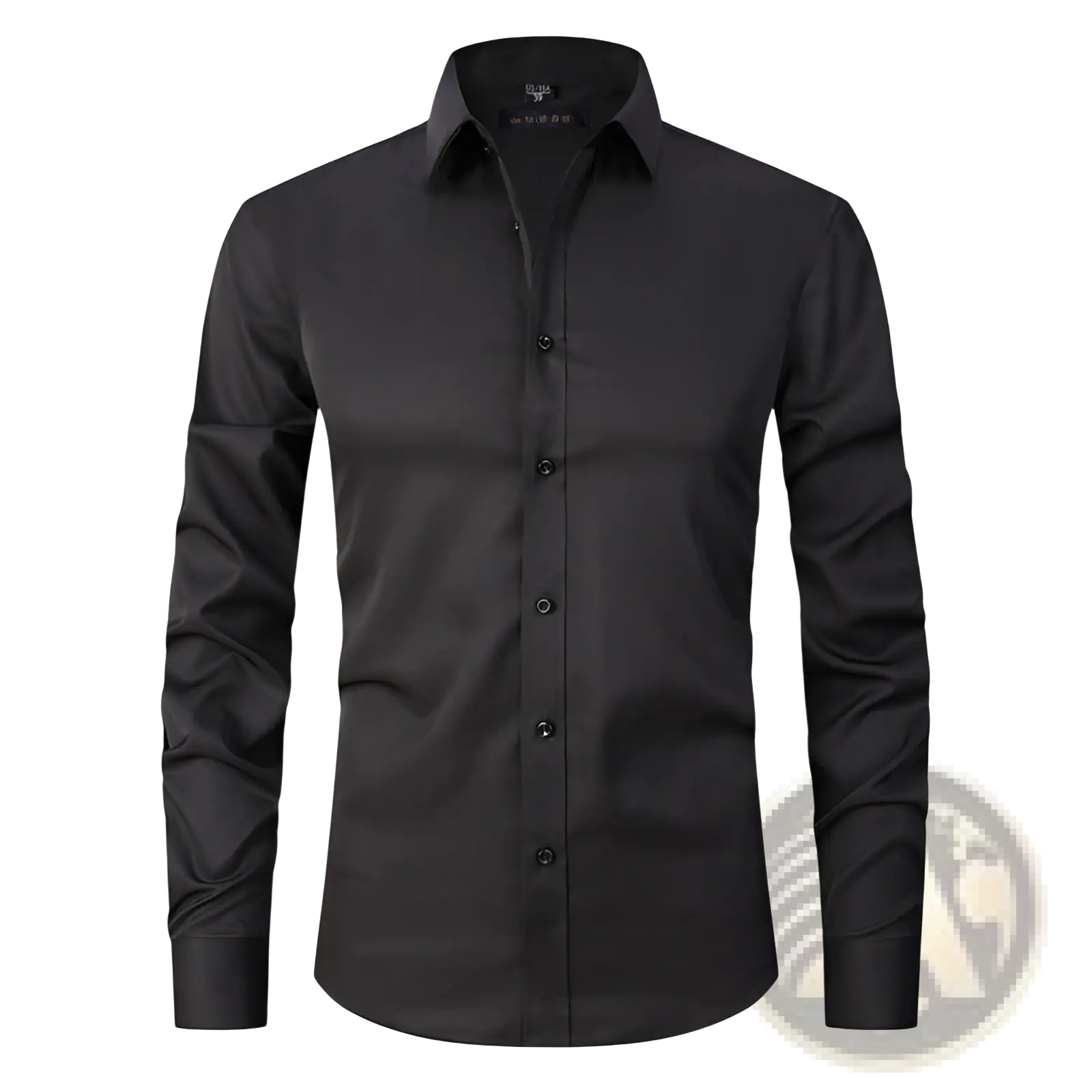 Black men’s slim fit stretch satin long sleeve dress shirt with crisp collar and matching buttons