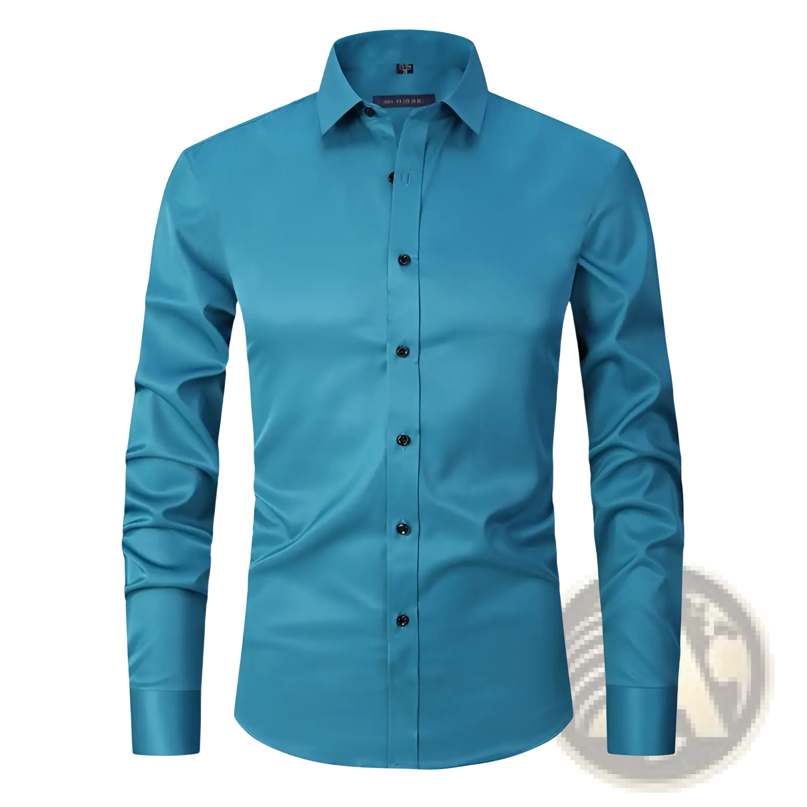 Men’s slim fit stretch satin long sleeve dress shirt in vibrant teal with black buttons and a crisp collar