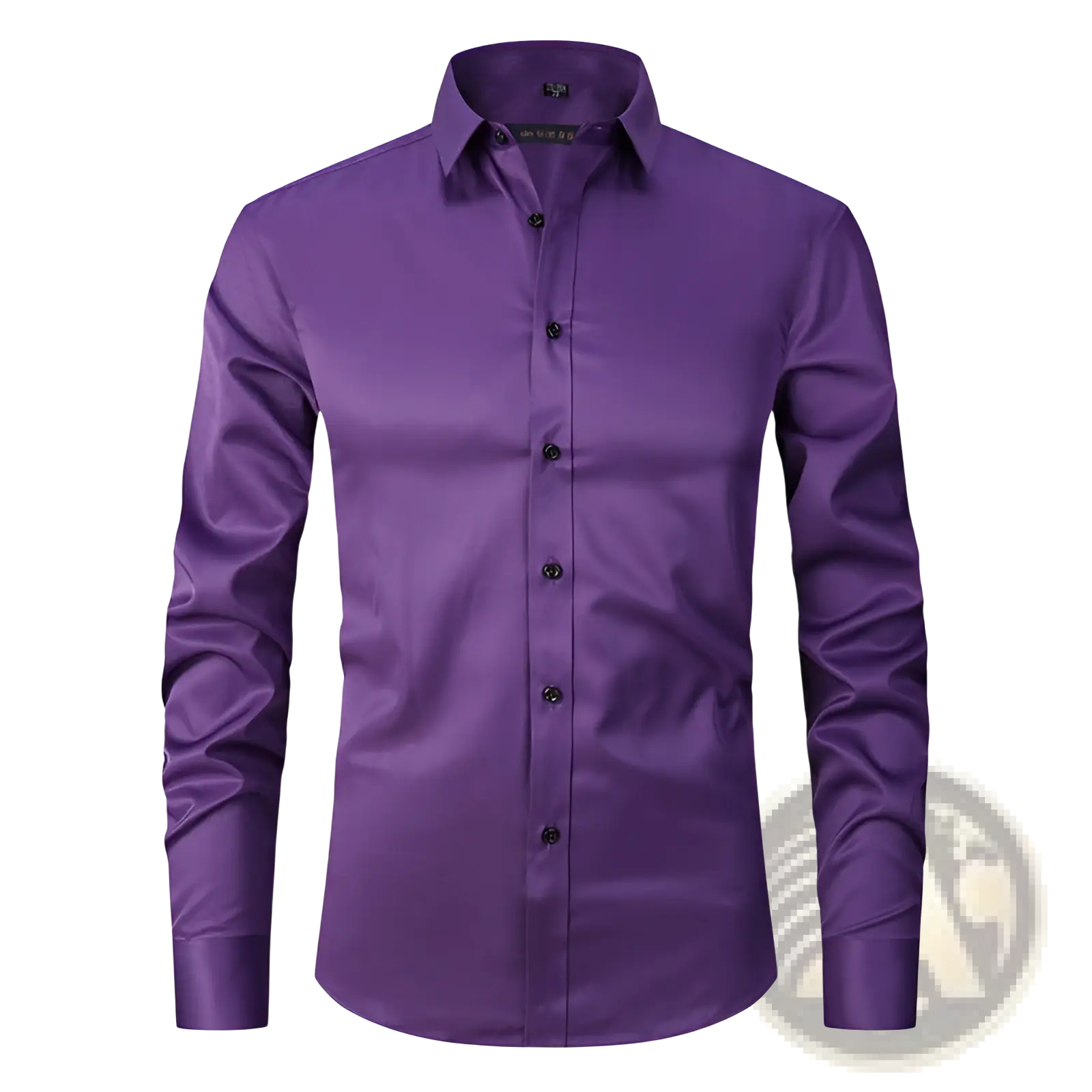 Men’s slim fit stretch satin long sleeve dress shirt in rich purple with black buttons and a classic collar