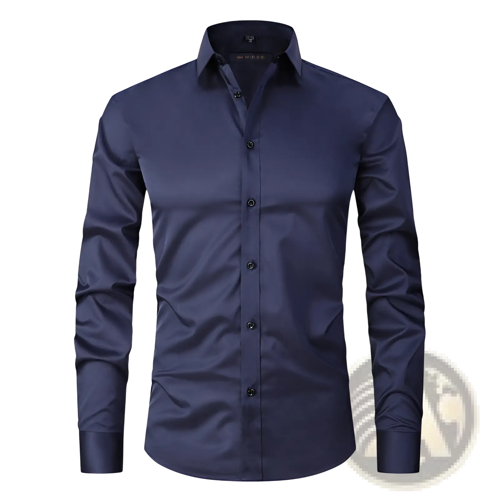 Men’s slim fit stretch satin dress shirt in navy blue with black buttons and a tailored fit for formal occasions