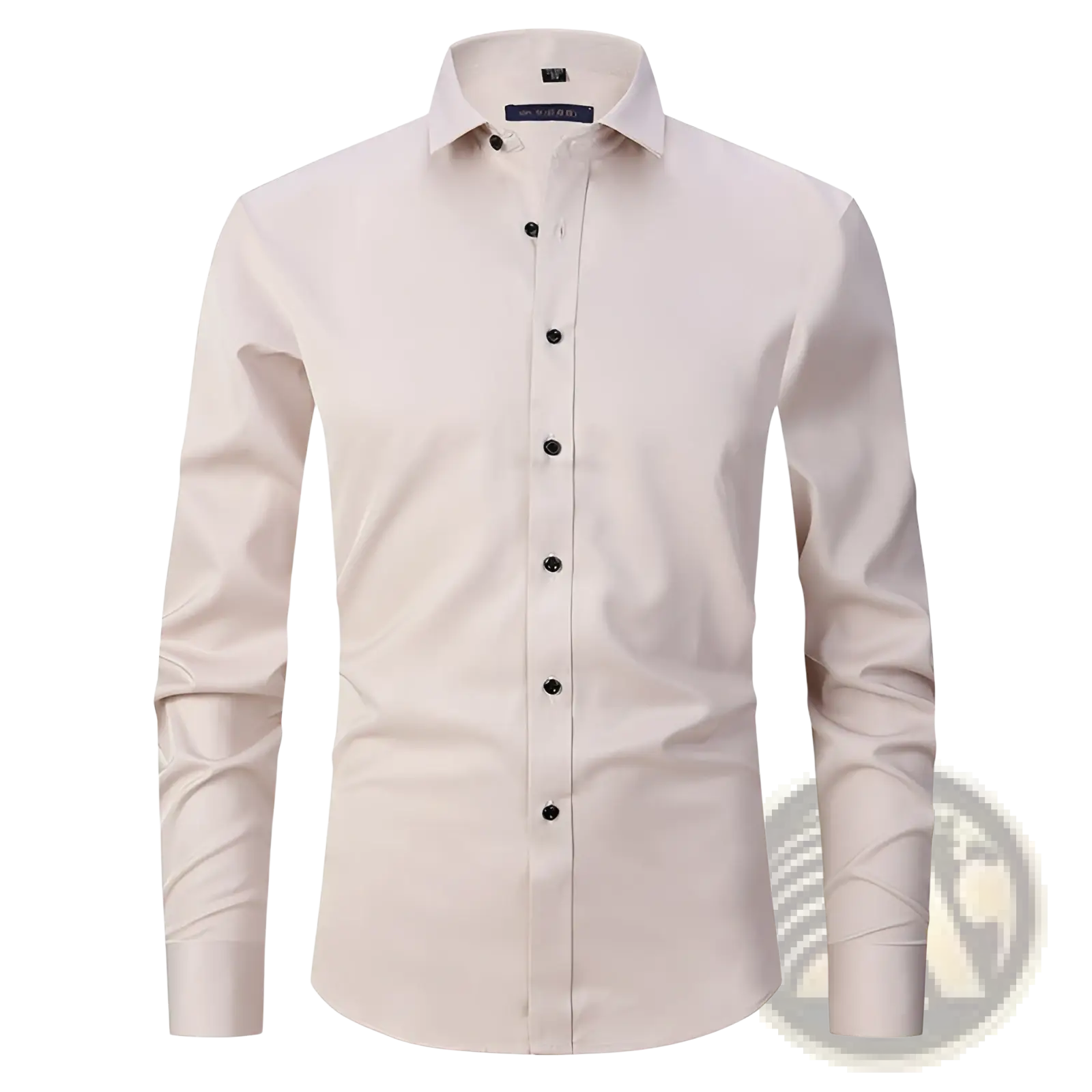 Men’s slim fit stretch satin long sleeve dress shirt in cream with crisp collar and black buttons