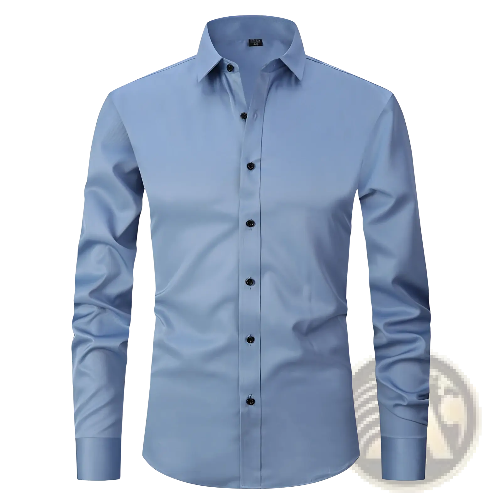 Men’s slim fit stretch satin long sleeve dress shirt in sleek light blue with a crisp collar and black buttons