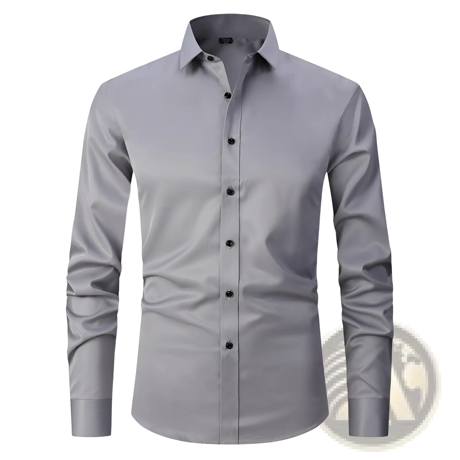 A men’s slim fit stretch satin long sleeve gray dress shirt with black buttons and a classic collar