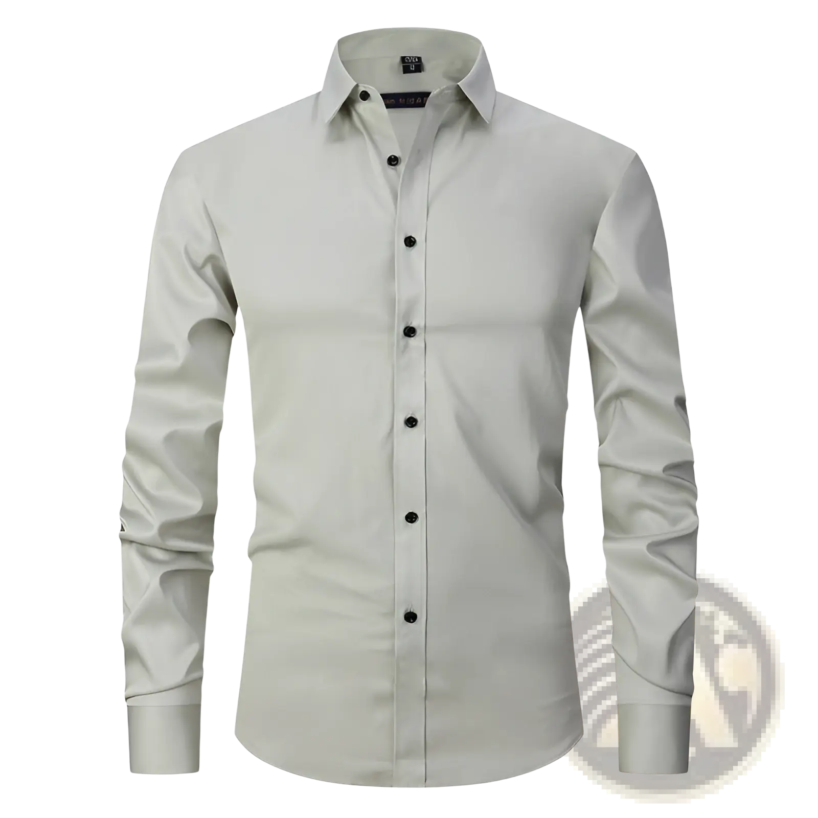Men’s slim fit stretch satin long sleeve dress shirt in light gray with a crisp collar and black buttons