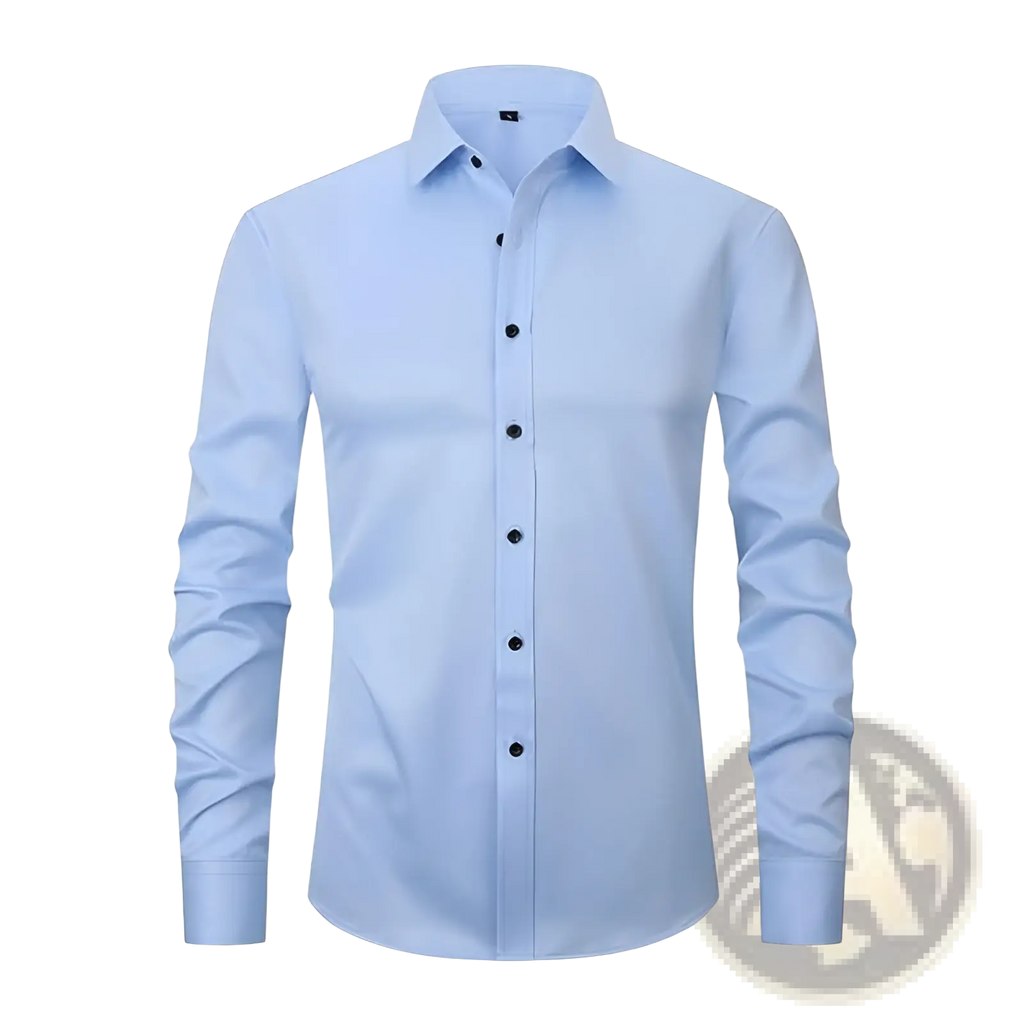 Men’s slim fit stretch satin long sleeve dress shirt in light blue with classic collar and black buttons